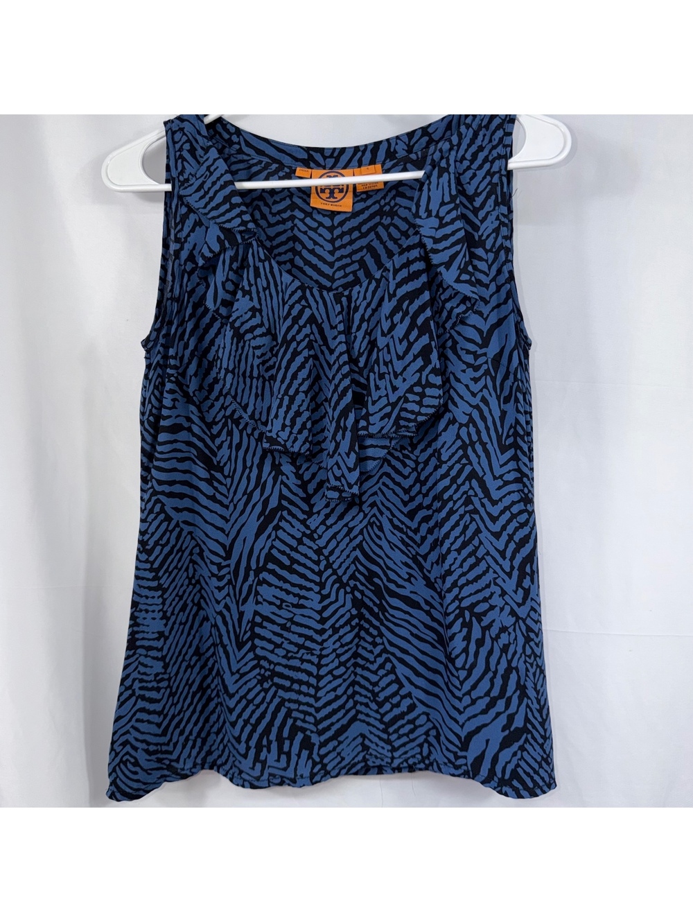 Tory Burch Silk Ruffle Blouse Blue Black Size 6
